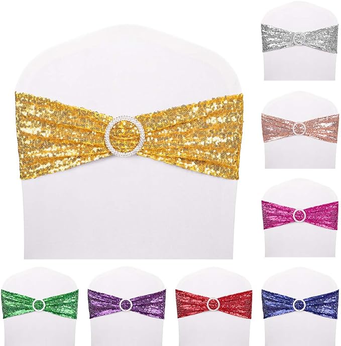 Pack of 100 Chair Sashes Sequin Stretchy Spandex Bands Decorative Bows One-Sided Sequins Decor for Romantic Wedding Party Home Chair Cover Sash Decorations, Gold