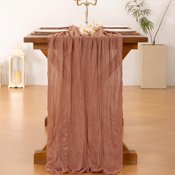 Socomi Dusty Rose Summer Cheesecloth Table Runner Boho Rustic Gauze 120 inch 10FT Cheese Cloth Sheer Runner for Wedding Party Baby Shower Birthday Home Decor Holiday Decorations