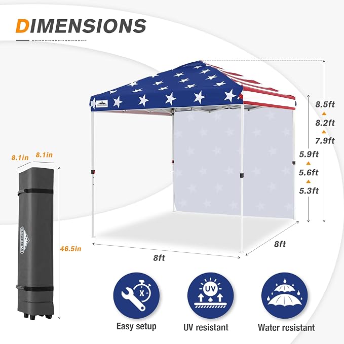 EAGLE PEAK Commercial Canopy 8x8 Pop Up Canopy Tent with 1 Sidewall, Easy Setup Heavy Duty Instant Event Shelter for Vendors & Markets, Outdoor Sun Shade, American Flag