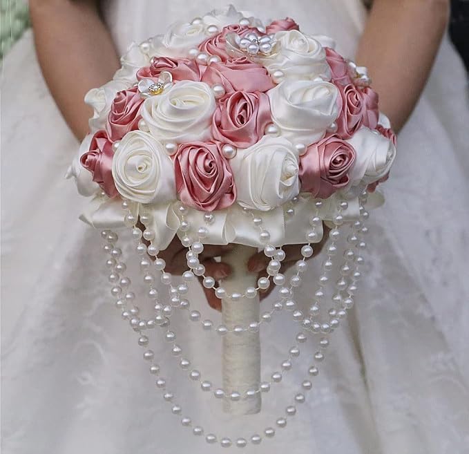 Pink Wedding Bouquet with Brooch Pearl String Cascade Bouquet for Bride Bridesmaid Quinceanera Artificial Satin Rose Flower Bridal Bouquet Wedding Blush Pink and Ivory 7.5in