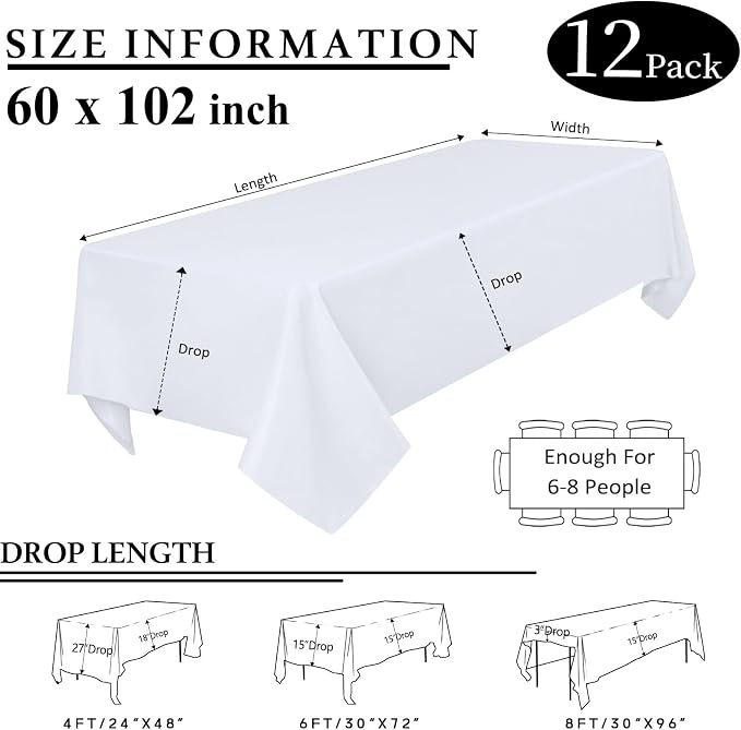 12 Packs White Table Cloth Rectangle 60x102 Inch Rectangular Tablecloths for 6 Foot Rectangle Tables, Wrinkle Resistant Polyester Fabric Tablecloth Washable Table Covers for Wedding Party