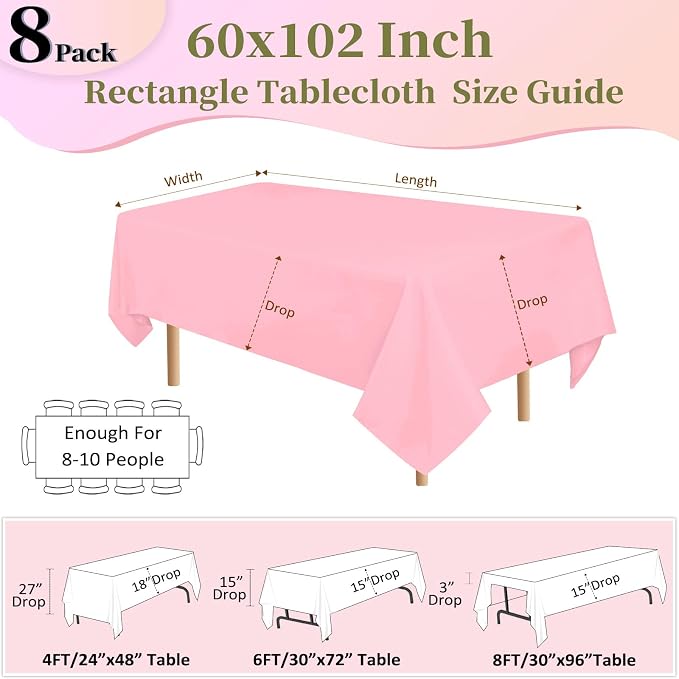 8 Pack Pink Tablecloth 60x102 Inch Rectangle Table Cloth for 6 Foot Rectangle Tables, Wrinkle Resistant Washable Polyester Fabric Rectangular Cover for Dining Banquet Wedding Party