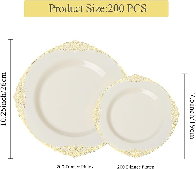 Bestluck 200 PCS Ivory and Gold Plastic Plates for 100 Guests, Gold Disposable Plates Include 100 PCS Dinner Plates, 100 PCS Dessert Plates for Party, Wedding and Graduation (200, Ivory White)