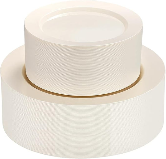 Goodluck 200 PCS Ivory Plastic Plates, Heavy Duty Disposable Ivory Plates with 100 10.25 inch Dinner Plates and 100 7.5 inch Dessert Plates for Party, Holiday, Wedding