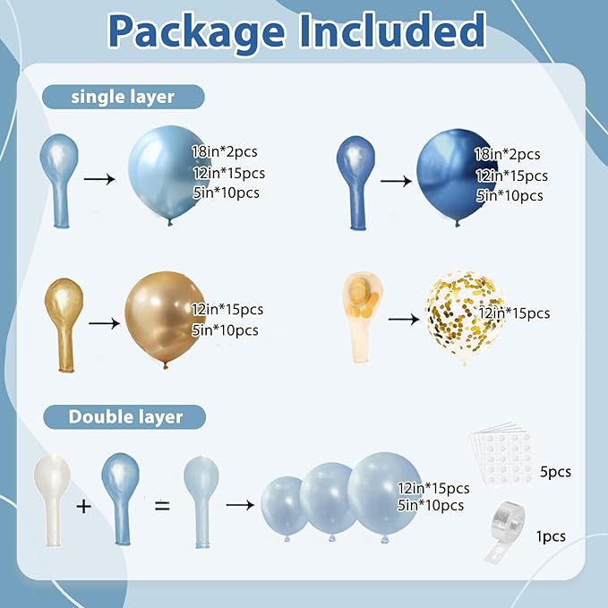Blue and Gold Balloons Arch Kit - 119 PCs Double Stuffed Pastel Blue Balloons Dusty Navy Light Metallic Blue Gold Confetti Balloons for Bridal Shower Wedding Birthday Party Decorations