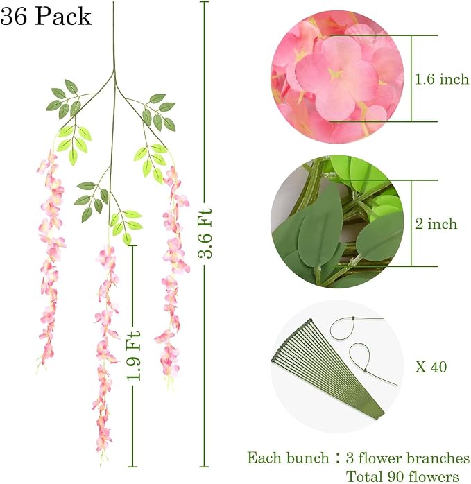 BLEUM CADE 36Pcs Deep Pink Fake Wisteria Hanging Flowers, 3.6Ft/Pcs Artificial Wisteria Garland, Hanging Flowers for Wedding Party Home Backdrop Wall Decoration