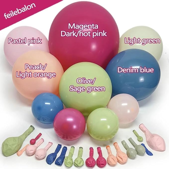 Hot Pink Green Blue Balloon Arch Kit Double Stuffed Dark Pink Olive Green Denim Blue Light Orange Magenta Peach Balloon Garland for Birthday Baby Shower Flower Wedding Summer Party Decoration
