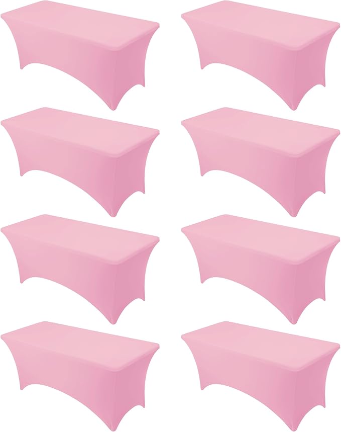 8-Pack Premium Pink Spandex Tablecloths for 6ft Rectangle Tables, Stain & Wrinkle-Resistant, Washable Stretch Polyester Fitted Table Cover for Weddings, Banquets, Trade Shows Events