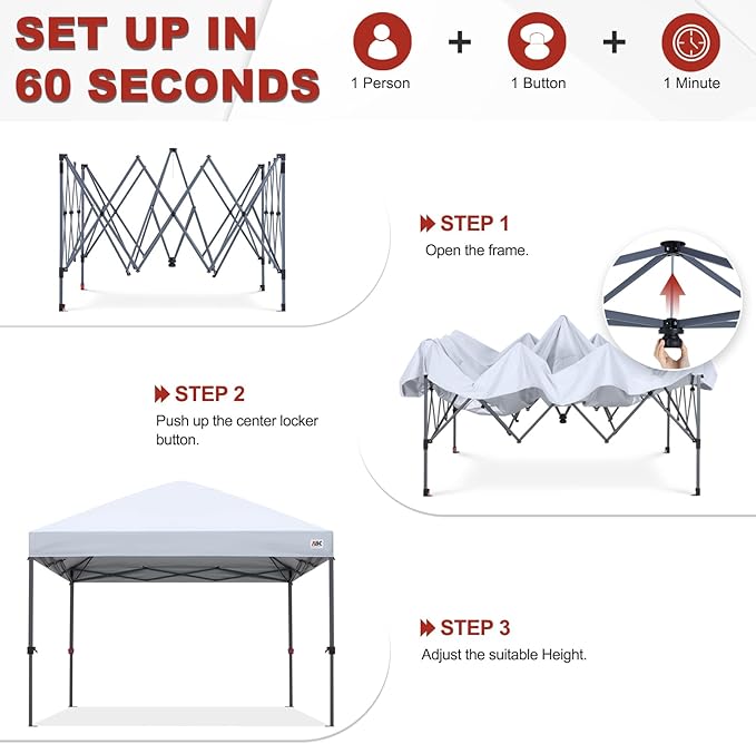 ABCCANOPY 10x10 Pop Up Canopy Tent, Easy Setup Instant Shelter with Wheeled Bag, Heavy Duty Outdoor Canopy for Beach, Market, Backyard, UV Protection, Outdoor Weather Protection (Snow White, 10x10)