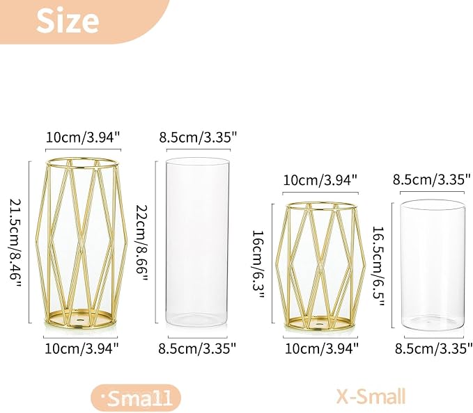 NUPTIO Gold Geometric Hurricane Candle Holders Bulk, Set of 8 | 8 Matching Diamond Frames, Clear Glass Cylinder Vases, for Flowers, Pillar Candles, Wedding Table Centerpieces