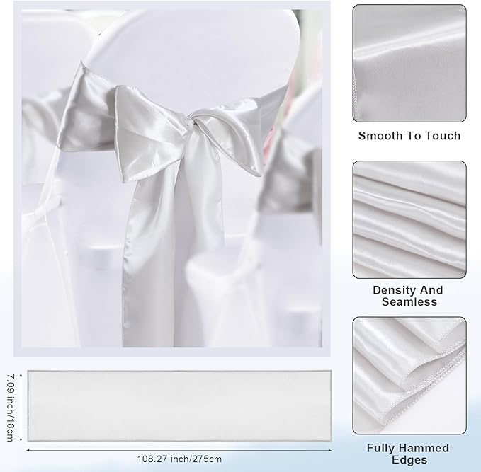 Lounsweer 50 Pcs Folding Chair Cover Set with 25 Stretch Spandex Slipcovers 25 Satin Chair Sashes Bows Ribbon Washable Banquet Protector for Wedding Event Party(White, Silver)