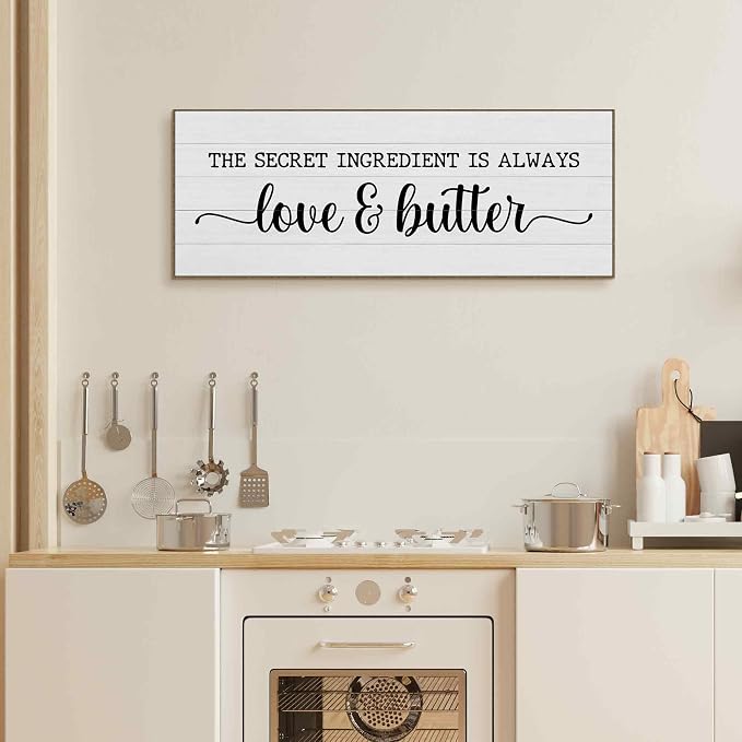 TLESKE the Secret Ingredient Is Always Love and Butter Sign Large Wall Art Decor Framed for Kitchen Dining Room 15x40, Funny Canvas Wall Art Print for Kitchen, Rustic Farmhouse Signs Wall Picture