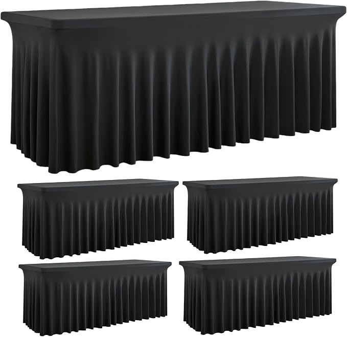 Outpain Black Spandex Table Clothes for 5 Foot Rectangle Tables-4Pack 5FT Spandex Fitted Table Cover, Wrinkle Free Tablecloths with Skirt for Parties, Wedding, Birthday, Banquet, Festival