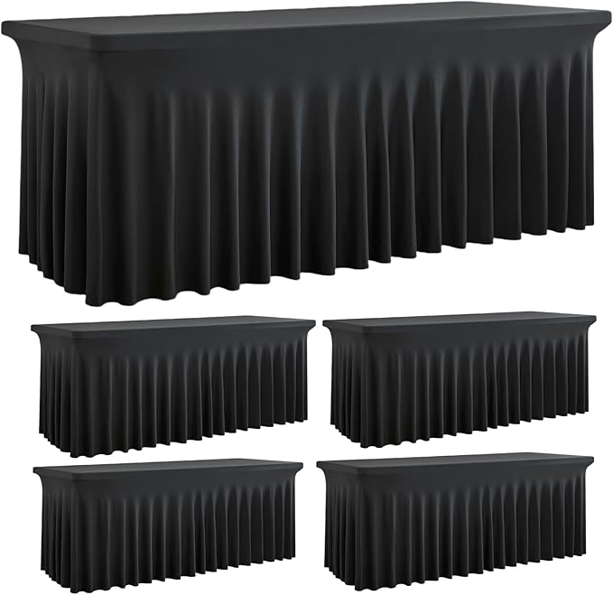 Outpain Black Spandex Tablecloth for 8 Foot Rectangle Tables, 4 Pack Black Fitted Table Cloths 8ft Stretchy Banquet Table Clothes Cover Desk Skirt for Birthday Wedding Parties Baby Shower