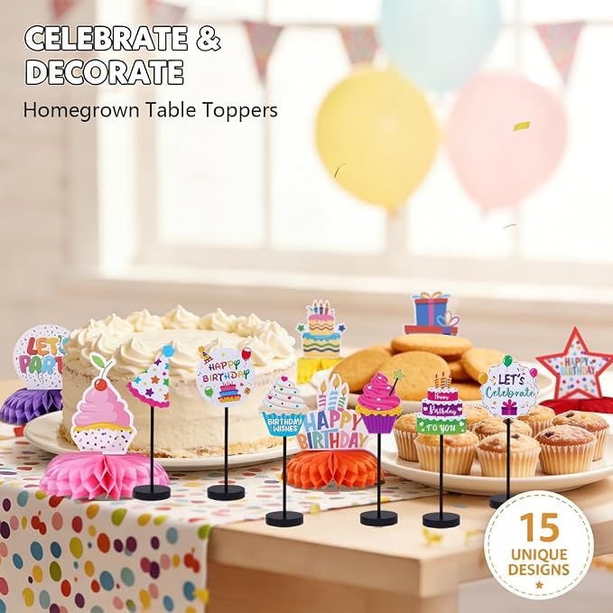 15 Pcs Birthday Table Centerpieces Set - Colorful Honeycomb Balls & Wooden Table Standing Sign Decor Kit for Party, Home Celebration Supplies