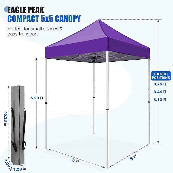 EAGLE PEAK 5x5 Pop Up Canopy Tent Instant Outdoor Canopy Easy Set-up Straight Leg Folding Shelter, Purple