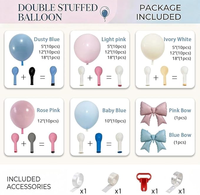 Double Stuffed Gender Reveal Balloon Arch Garland Kit 2 Large Foil Bow Balloons,Pink Blue Ivory Pastel Party Balloon for He or She, Boho Baby Shower,1st Birthday