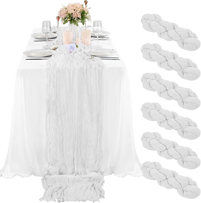 6 Pcs White Cheesecloth Table Runner 10FT, Gauze Table Runner for Wedding Reception Sheer Bridal Shower Birthday Party Boho Table Decoration, Rustic Romantic Wedding Runner