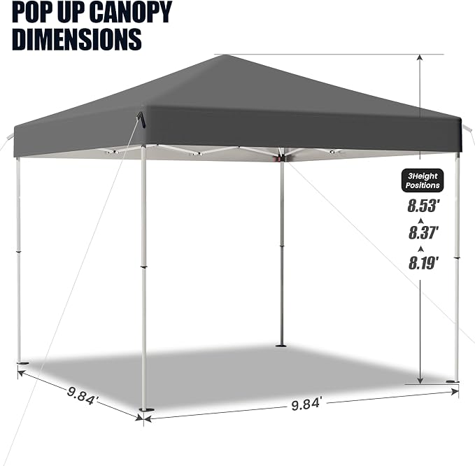 10x10 Pop Up Canopy Tent,Outdoor Canopy with Carry Bag,Easy Up Canopy with 3 Adjustable Height, Outdoor Gazebo Straight Legs,UPF 50+ Event Shelter Tents for Parties,Camping,Market,Patio(Grey)
