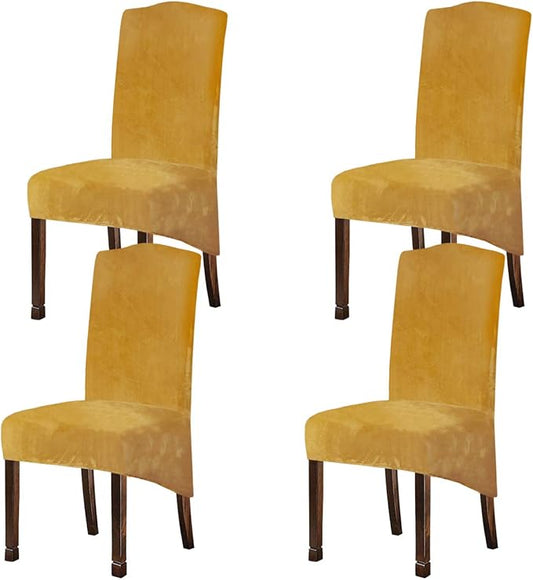 Velvet Plush XL Dining Chair Covers, Set of 4 Stretch Chair covers, Spandex High Chairs Protector Covers Seat Slipcover with Elastic Band for Dining Room,Wedding, Ceremony, Banquet (Mustard Gold)