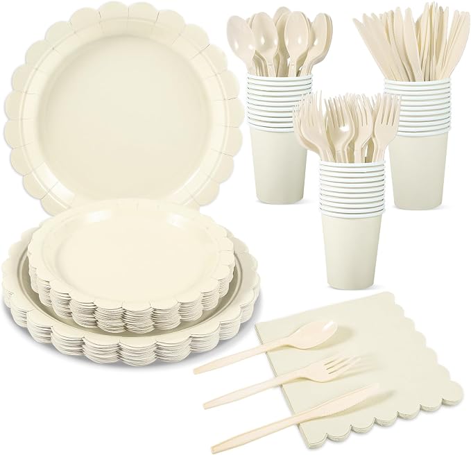 25 Set Party Plates and Cups and Napkins Ivory Scalloped Dinnerware | 175 Pcs Beige Party Supplies Include 9" Cream Plates, 7" Dessert Plates, 6.5 Inch Napkins for Wedding, Bridal&Baby Shower