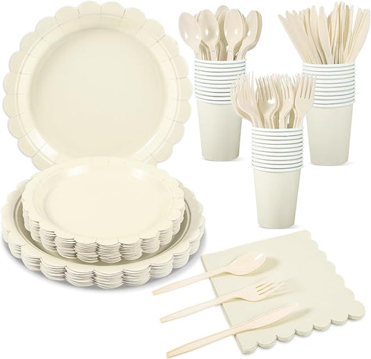 175 Pcs Ivory Paper Plates and Napkins, Beige Party Supplies Include Scalloped Cream Plates Napkin Cup Plastic Cutlery for Wedding, Bridal&Baby Shower, Birthday