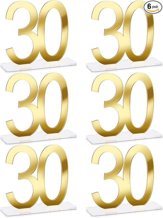 Threehoney 6 Pcs Mirror Gold 30th Birthday Decorations for Men and Women Acrylic Anniversary Decorations Table Numbers Centerpieces for Birthday Party