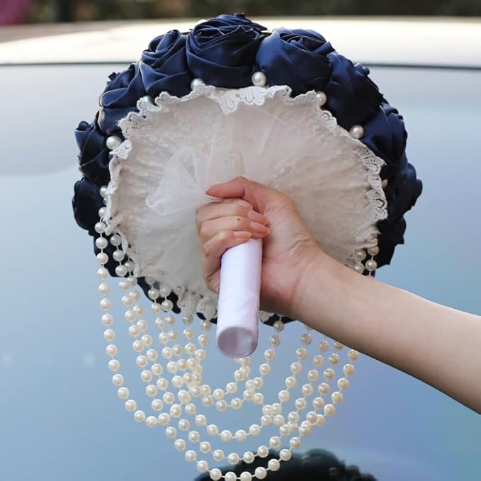 Navy Blue Bridal Wedding Bouquet with Rhinestone Brooch Pearl String Cascade Bouquet for Bride Bridesmaid Quinceanera Satin Rose Artificial Flower Bouquet Wedding Navy Blue 7.5in
