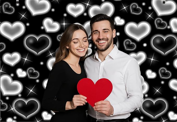 Dudaacvt 7X5FT Black Heart Photo Backdrop 90s Backdrops for Photoshoot Valentine's Day Backdrop Women Men Happy Birthday Photography Background Banner Photo Booth Studio Props D695