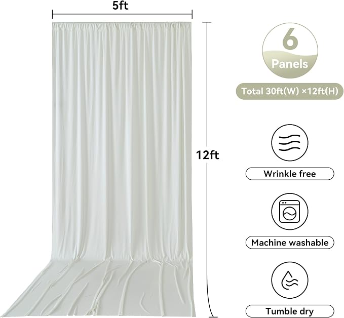 6 Panels 5x12ft Ivory Backdrop Curtains for Parties, Wrinkle Free Polyester Ivory Photo Backdrop Drapes 12 ft Long Back Drop Cloth for Wedding Birthday Photography Background Party