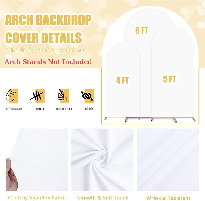Wedding Arch Covers Stretchy Backdrop Set of 3 White Arch Cover 6FT 5FT 4FT Party Arch Backdrop Covers Chiara Backdrops Cover for Arch Stand for Birthday Bridal Baby Shower Balloon Arbor Decorations