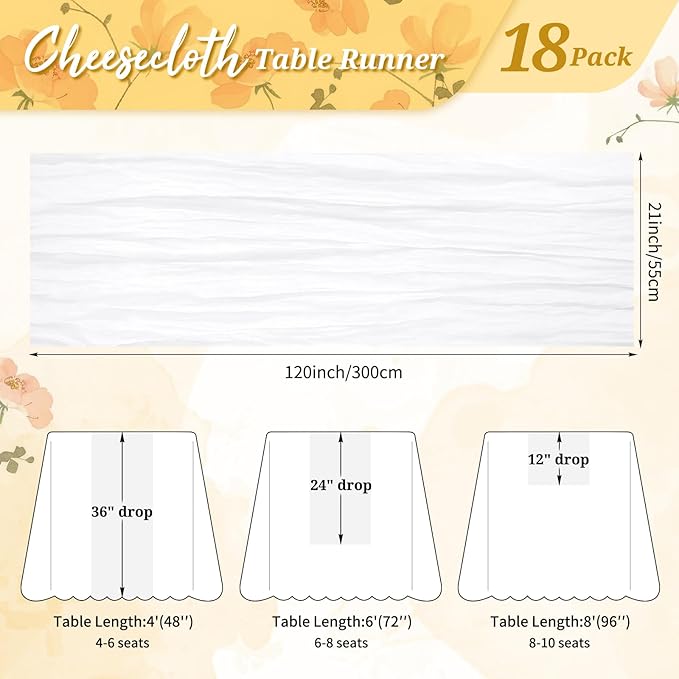 18 Pack Cheesecloth Table Runner White 10Ft Rustic Boho Gauze Table Runner Romantic Long Sheer Fabric Cheesecloth Table Runner for Wedding Festival Birthday Anniversary Dinner Outdoor Events