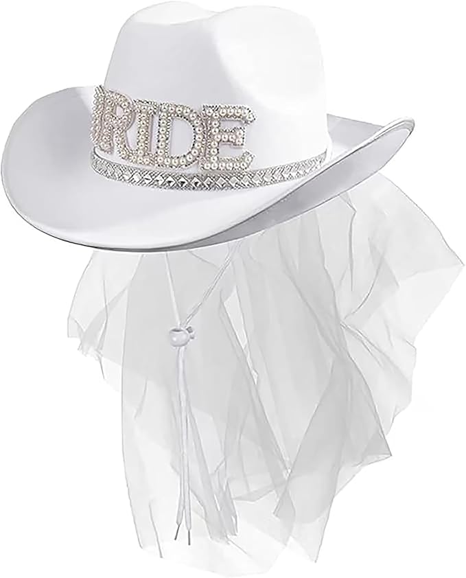 Delphinus Bridal Cowboy Hat, Bronzing Bride Cowgirl White Velvet Fur Veil Favors Women Felt Party Hat,Bachelorette Party Bride to Be Gift