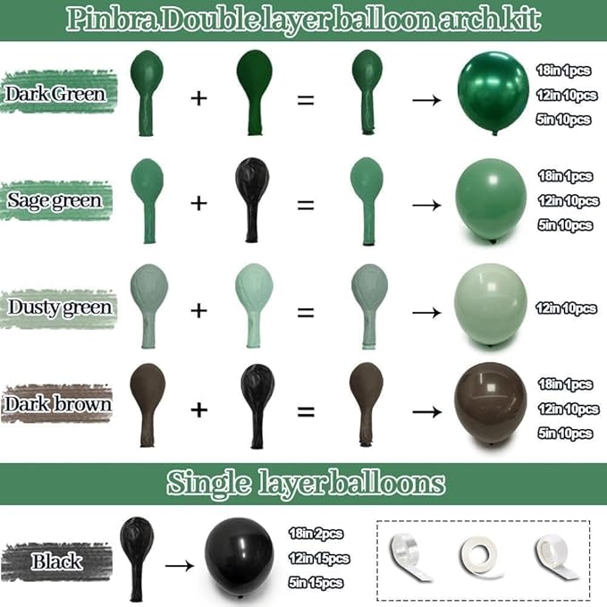 Black Green Brown Balloons Double Stuffed Dark Emerald Green Sage Balloon Garland Arch Kit for Camo Birthday Baby Shower Safari Jungle Army Graduation Party Decorations