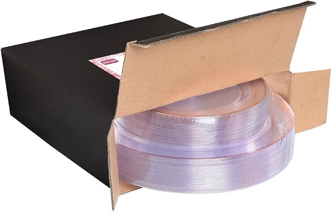 I00000 50 Pcs Rose Gold Plastic Plates, Disposable Party Set Include: 50 Clear Plastic Plates with Rose Gold Trim for dinner and dessert Perfect for Holidays, Wedding & Party Supplies