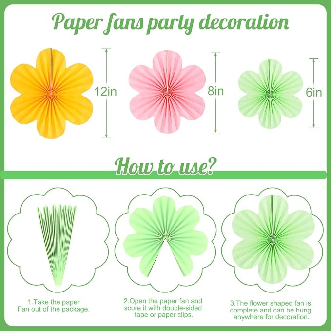 DODOKIM Paper Fans Party Decorations Paper Flowers Decorations for Wall Floral Backdrop Classroom Baby Shower Birthday Party Flower Wall Decor Pack of 18 Pink Green Yellow