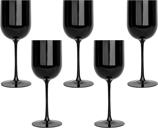 PLASTICPRO Black Plastic Wine Glasses Set of 10 Elegant Wine Goblets Hard Plastic Wine Cups on Stem 12 Ounce