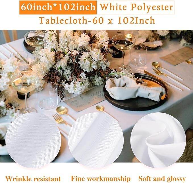 WIGENIUS 2 Pack White Table Cloth Rectangle 60 X 102 Inch Polyester Tablecloths, Wrinkle Resisitant Tablecloth for Wedding Buffet Parties and Dining (White, 2 Pack 60 X 102 inch)