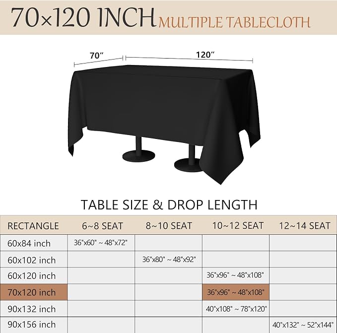 70x120 Table Cloth - 4 Pack Rectangular Black Washable Stain and Wrinkle Resistant Polyester Table Cover for Dining Tables, Various Parties and Camping (Black)