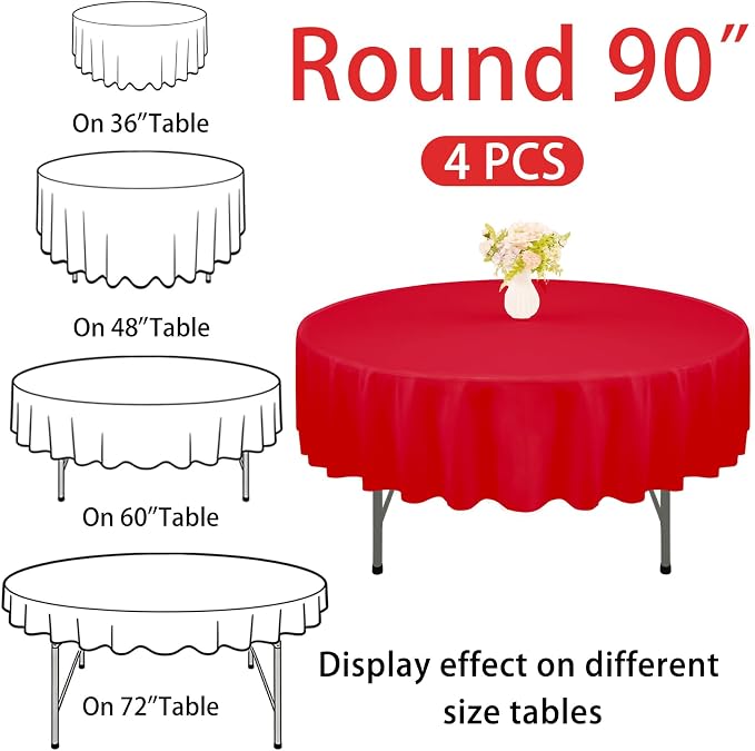 4 Pack Round Tablecloth 90 Inch Polyester Washable Fabric Table Covers for Wedding Dining Table Buffet Parties Banquet Decoration（Red）