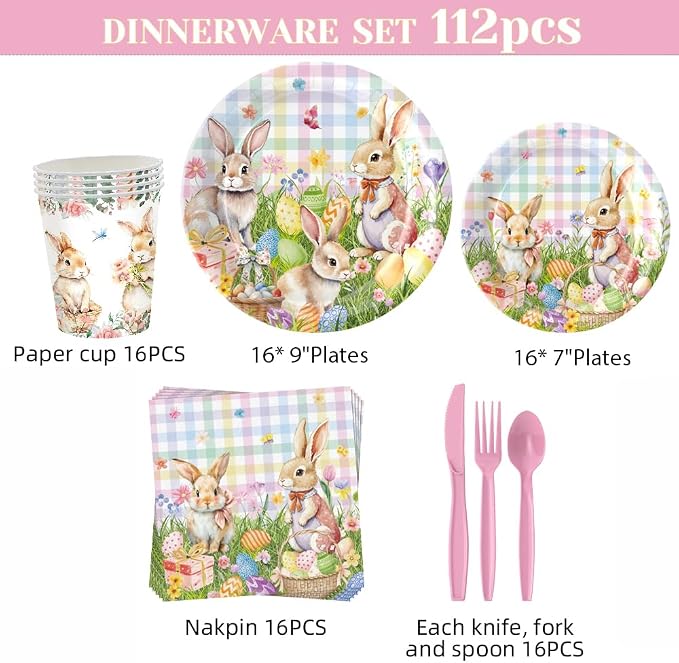 Easter Rabbits Themed Happy Birthday Party Decorations, Plates Napkins Cups Tableware, Bunny Egg Background Tablecloth, Happy Birthday Banner, Cake Toppers, Colorful Balloons for Kids and Adults