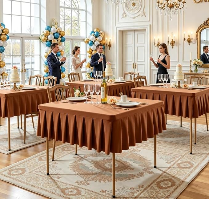 Shillance 48x48 Inch Brown Spandex Square Tablecloth, Wrinkle Free Brown Fitted Table Cloth for Square Tables,Washable Pleated Table Cover for Wedding Birthday Cocktail Party Buffet Dinner Camping