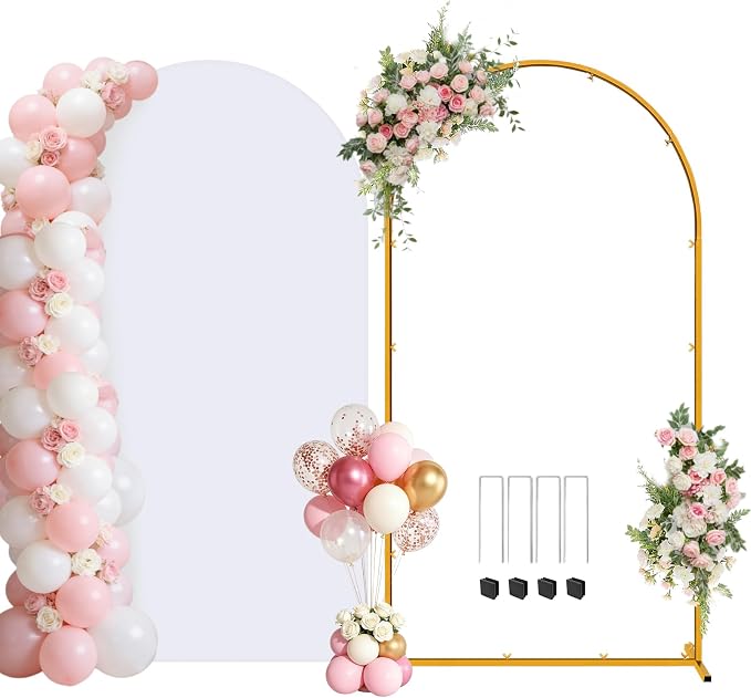 Metal Arch Backdrop Stand and Cover Set, 7.2FT Gold Wedding Backdrop Arch Frame Stand with Cover, Balloon Arch Stand with White Arch Cover for Party Birthday Baby Shower Graduation Decorations