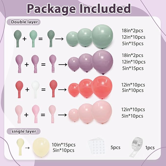 Dusty Green Purple Pink Yellow Balloons Arch Kit, Double Stuffed Pastel Balloon Garland with Lavender Lilac Yellow Green Red Latex Balloons for Birthday Baby Shower Wedding Anniversary Decorations.