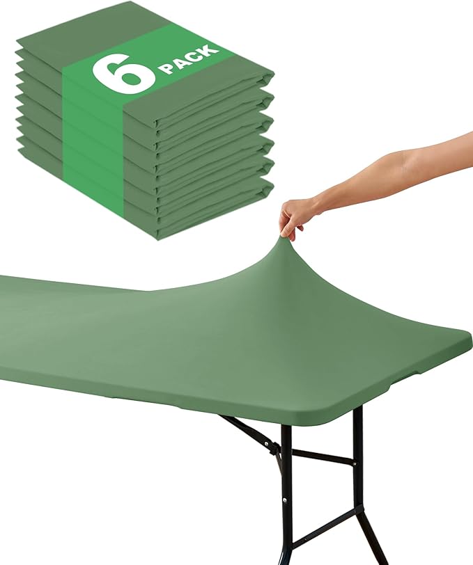 KeyWave Fitted Tablecloth Rectangle Table Cloths - 6 Pack 6 Foot Elastic Stretch Folding Table Top Cover Water-Resistant Reusable for Outdoor Picnic Camping Party Event, Sage Green, 72" L x 30" W