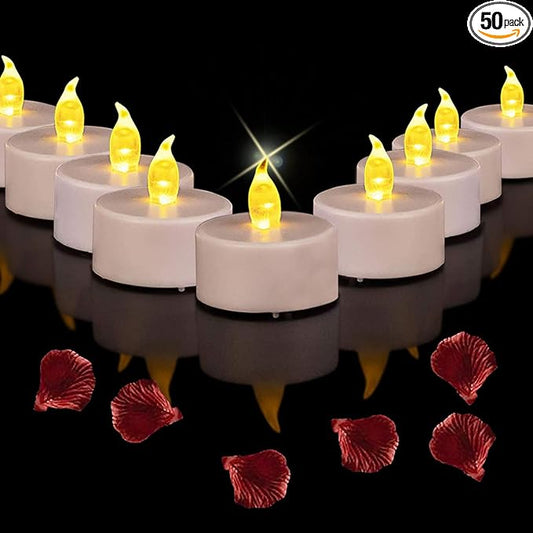 Battery Operated Led Tea Lights Candles:50 Pack Flameless Electric Fake Candle, Realistic and Bright Flickering Votive Tealights, Long Lasting 200+Hours,for Wedding,Party,Home Decoration (Warm Yellow)