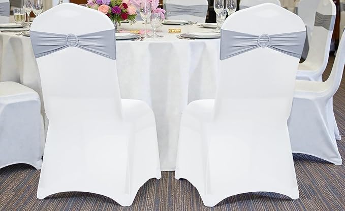 MDS Pack of 150 Spandex Foil Chair Sashes Bow Universal fits Elastic Stretch Chair Bands Ties with Buckle for Wedding Lycra Slider Bow - Metallic/zari/Sparkle Silver