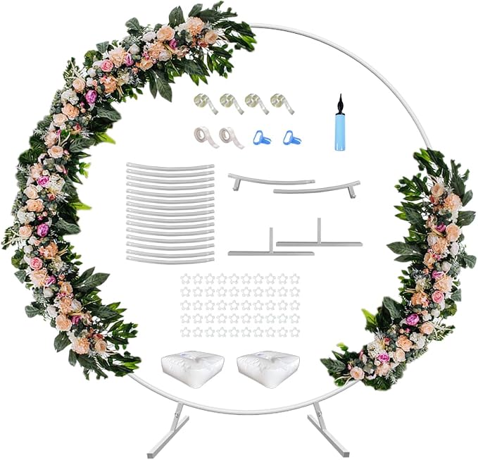 7 Ft Round Wedding Arch Stand with Metal Base for Flower Balloon Decoration, Circle Backdrop Stand Frame for Ceremony, Birthday Party, Baby Shower, White