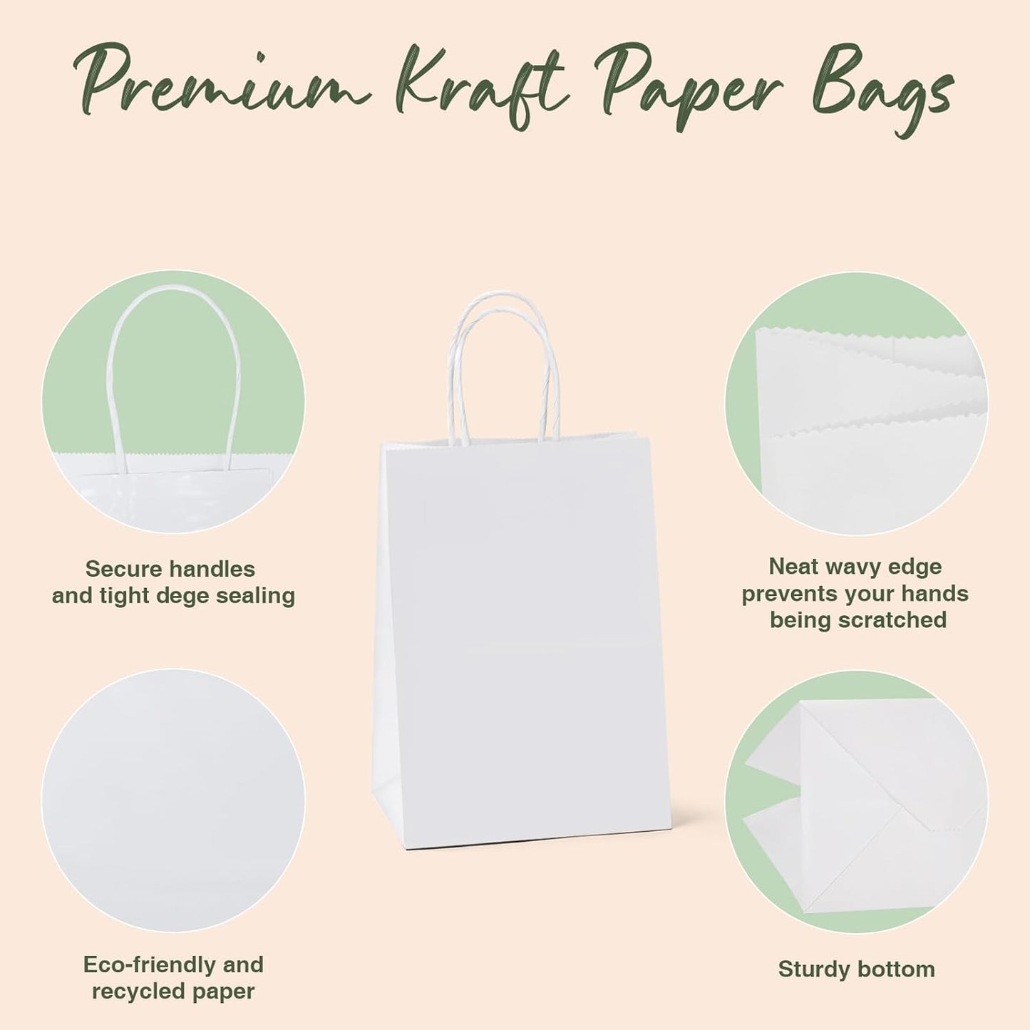 GSSUSA 50 Pcs White Kraft Paper Bags 5.25x3.75x8, Small Paper Bags with Handles for Shopping, Gift, Merchandise, Retail, Party Favor, Wedding, Gift, Bags for Small Business, Boutique