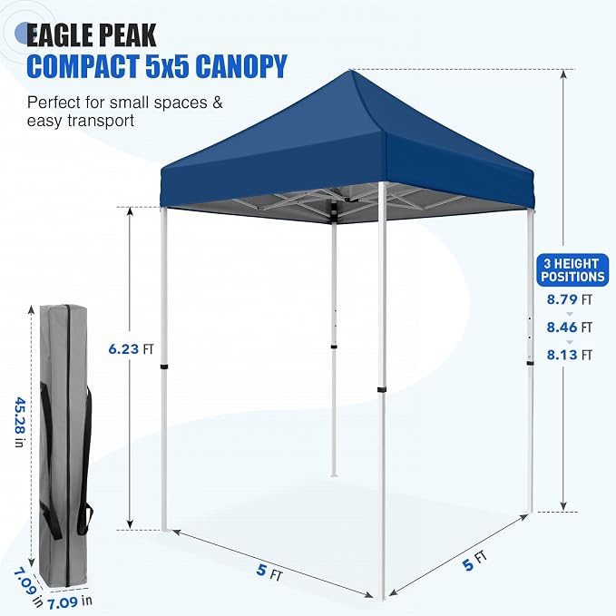 EAGLE PEAK 5x5 Pop Up Canopy Tent Instant Outdoor Canopy Easy Set-up Straight Leg Folding Shelter, Dark Blue
